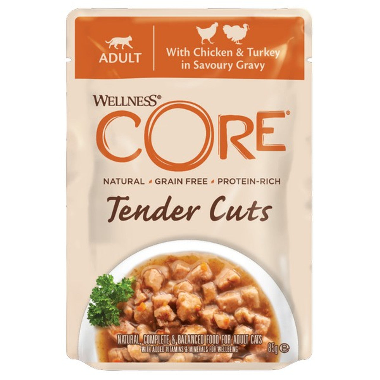 Wellness CORE Cat Wet Adult Tender Cuts Chicken and Turkey in Savoury Gravy Recipe 85g