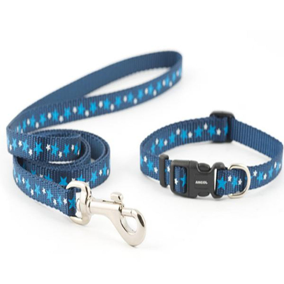 Ancol Small Bite Puppy Collar and Lead Set Stars Blue