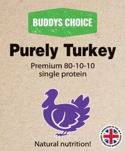 Buddy's Choice Purely Turkey product packaging with a purple turkey illustration and British flag logo.