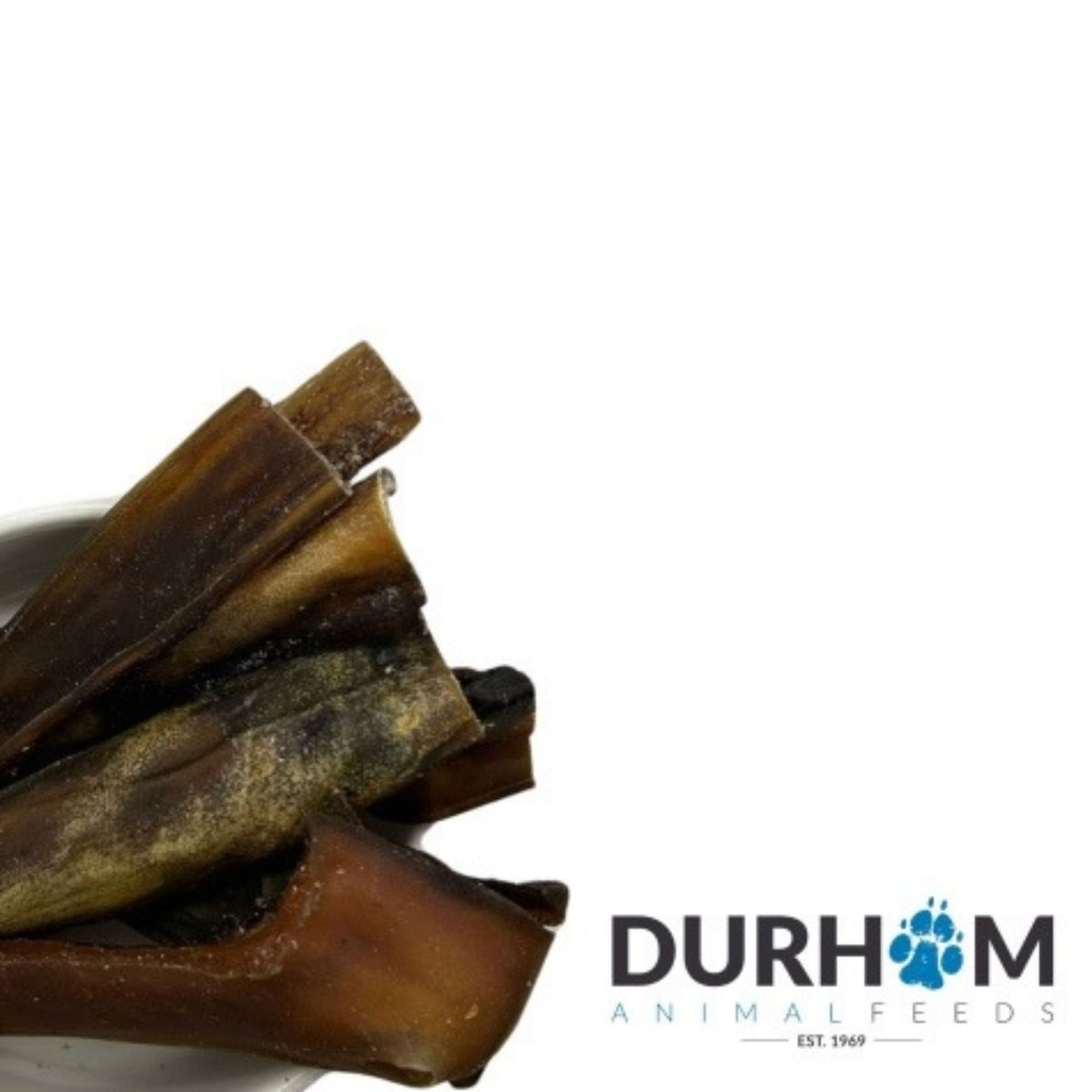 Camel skin chew on white background with Durham Animal Feeds logo