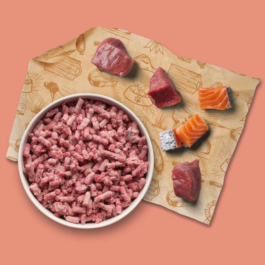 bowl of pet food with raw meat pieces on a patterned paper background