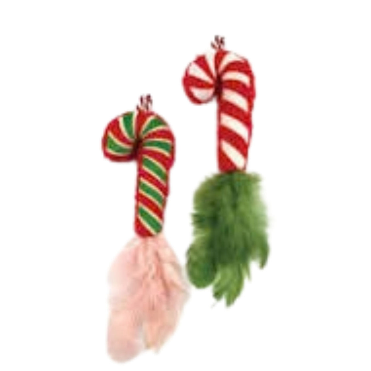 Two Christmas-themed cat toys shaped like candy canes, one with red and green stripes and a pink fluffy tail, and the other with red and white stripes and a green fluffy tail, shown on a plain white background.