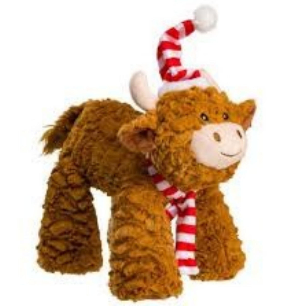 A brown plush dog toy highland cow with curly fur, wearing a red and white striped Santa hat and matching striped scarf, on a plain white background.