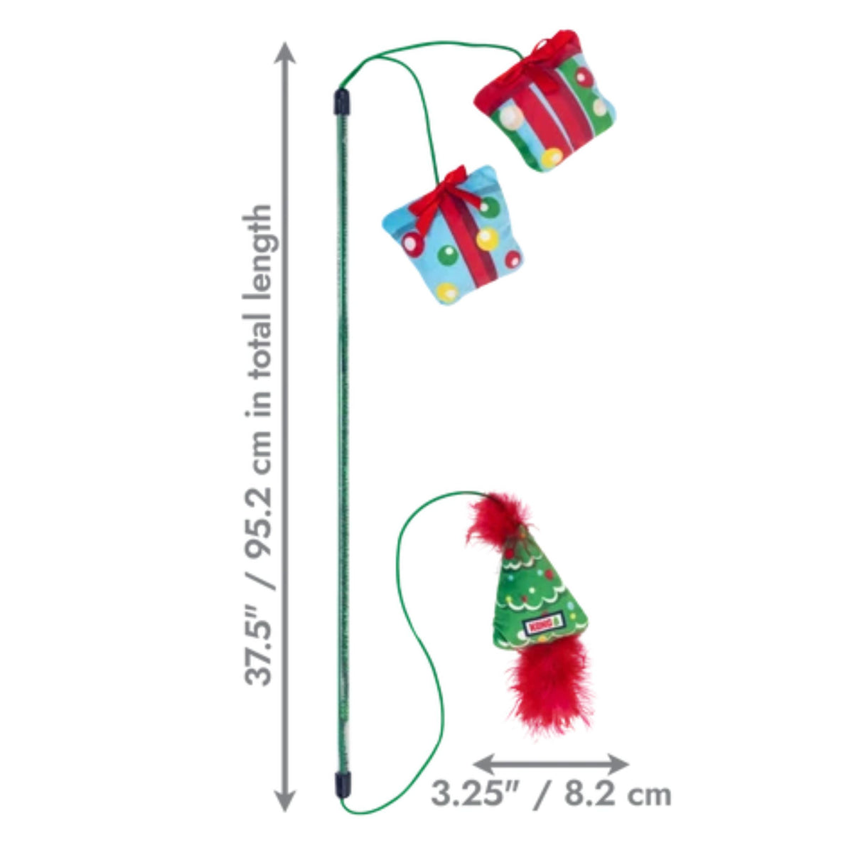 Christmas-themed cat toy with a green string, a small green Christmas tree-shaped plush, red faux fur hanging from a pole with dimensions