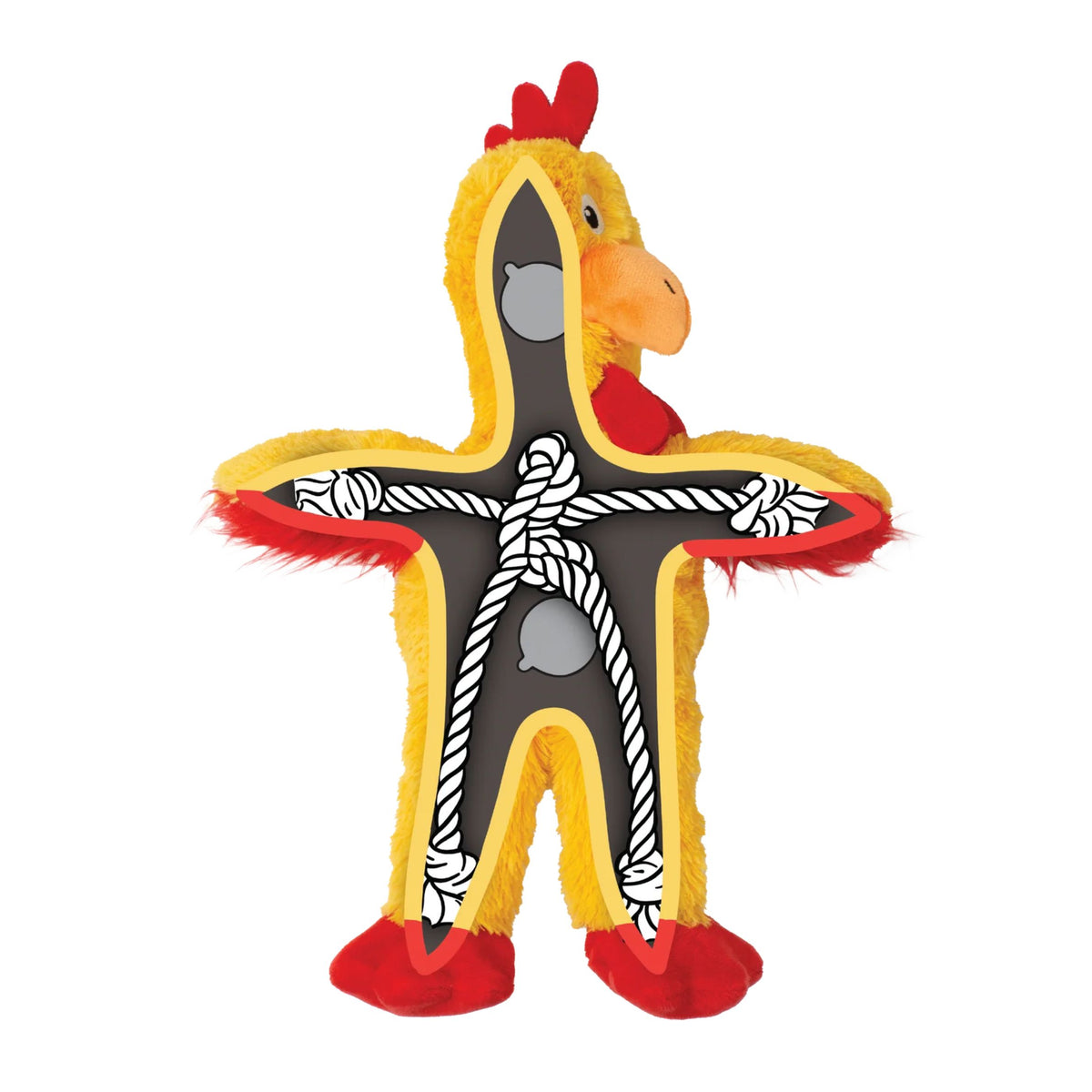 Plush dog toy shaped like a rooster on a white background showing it has rope inside