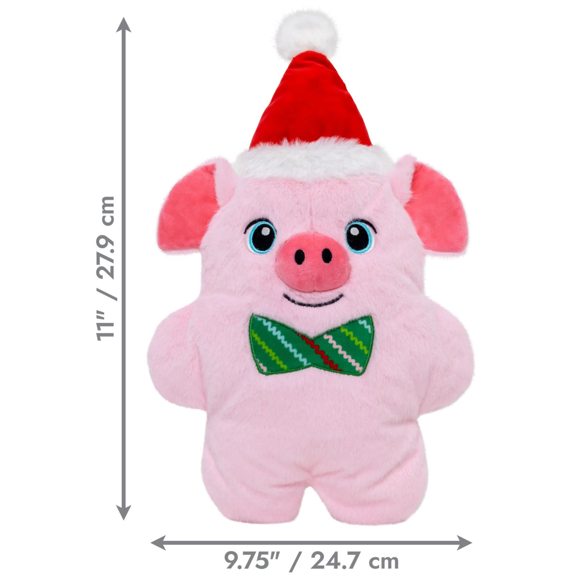 A pink plush pig toy wearing a red Santa hat with white trim and a green patterned bow tie, shown on a white background with dimension arrows and text indicating 11 inches tall by 9.75 inches wide.