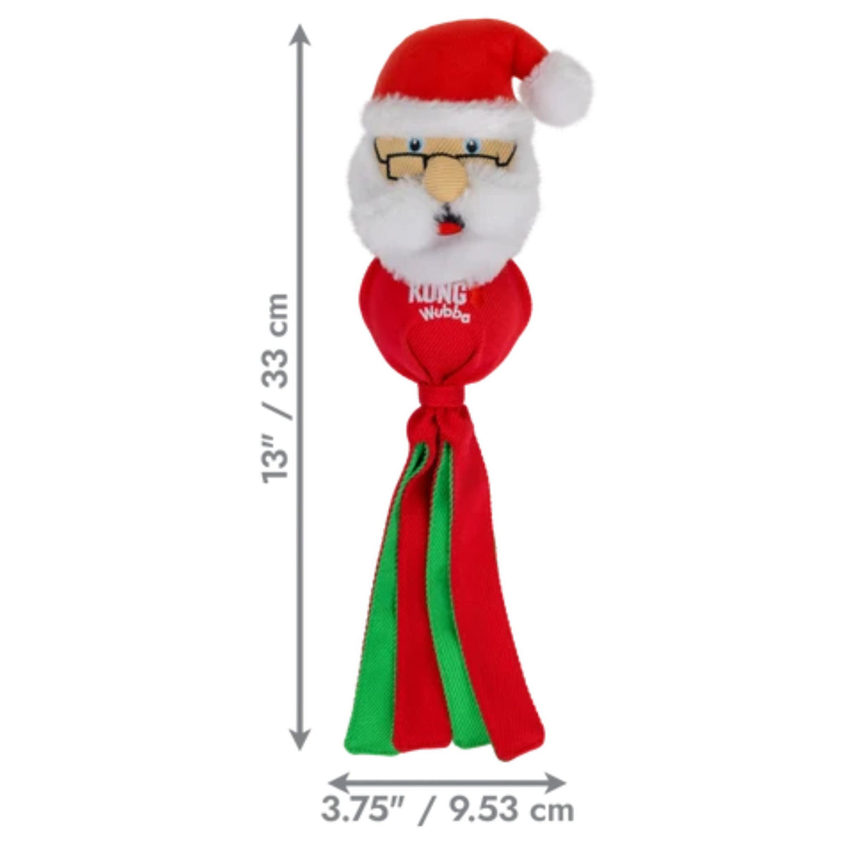 kong wubba dog toy shaped like a Santa with a Santa with dimensions