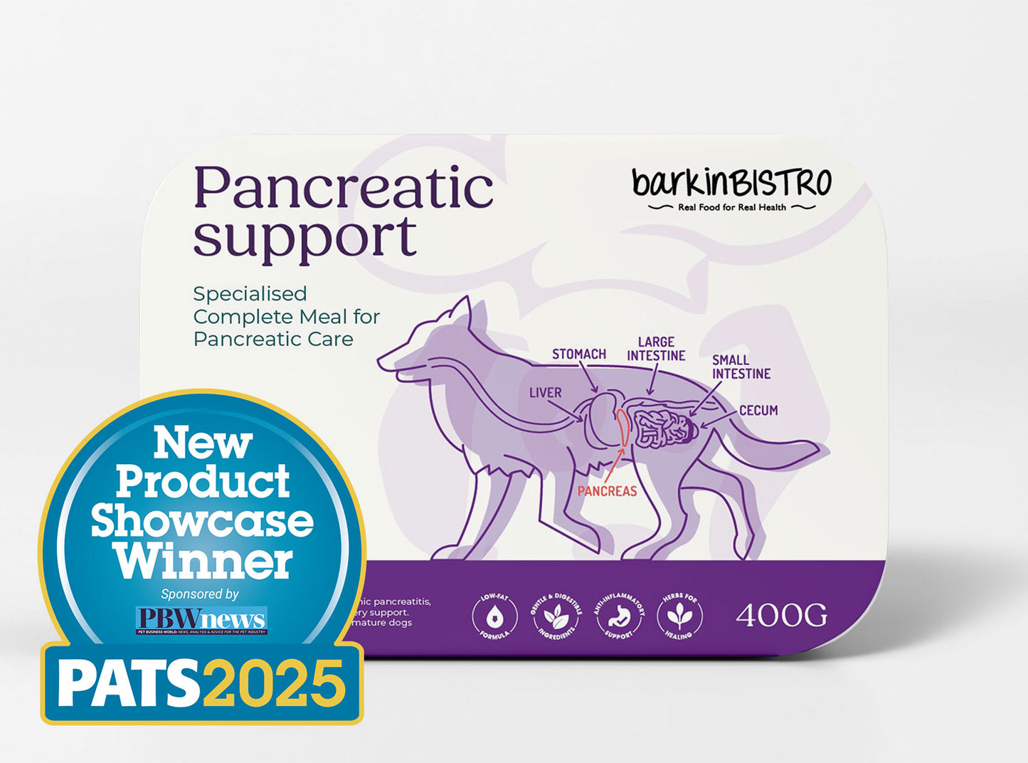 Dog food package for pancreatic support with diagram and branding on a white background