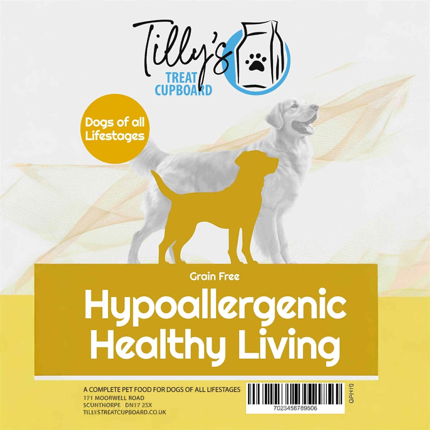 Tilly's Treat Cupboard packaging for dog food with silhouettes of dogs and text about hypoallergenic and healthy living.