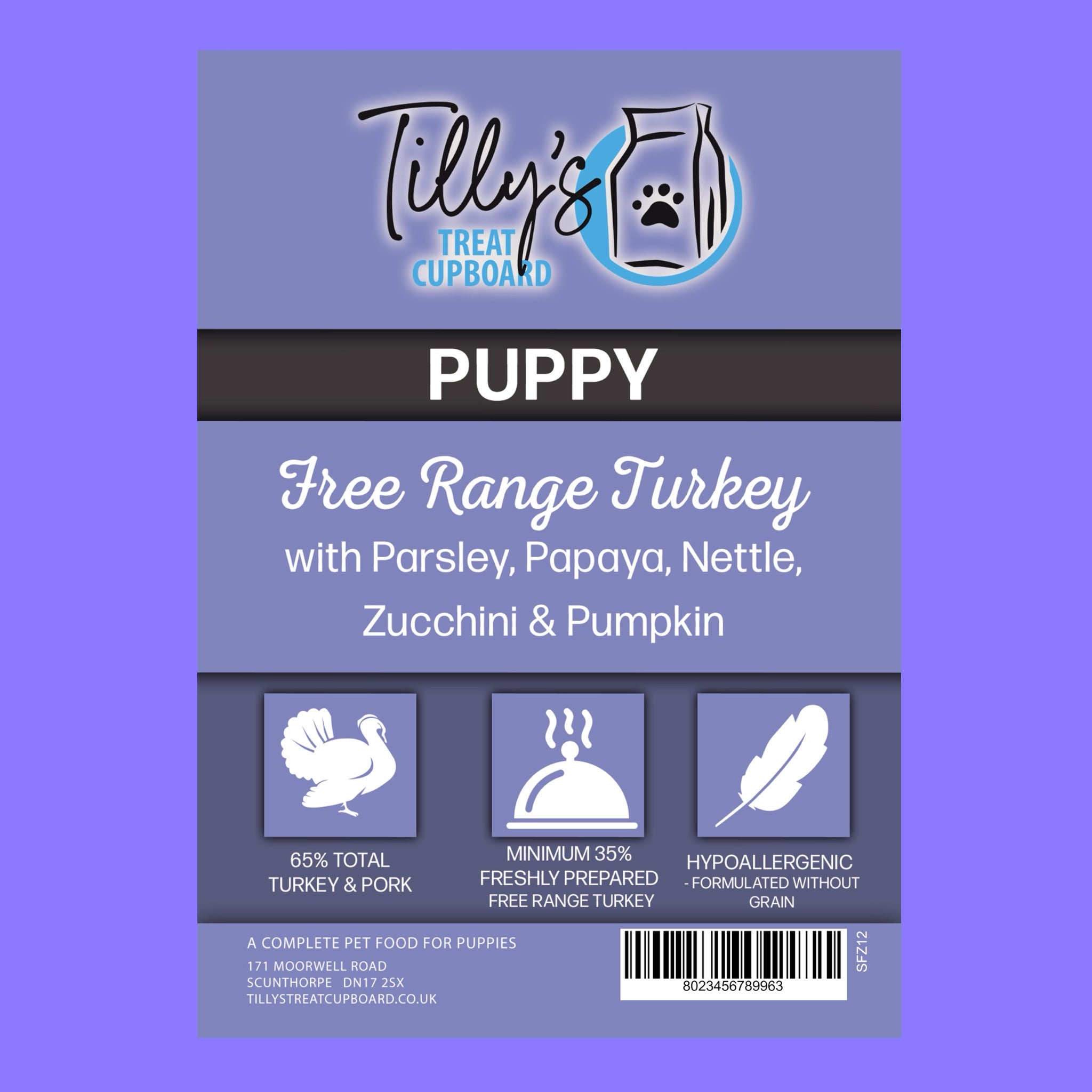 Tilly's Black Bag PUPPY Free Range Turkey & Pork with Parsley, Papaya, Nettle, Zucchini & Pumpkin