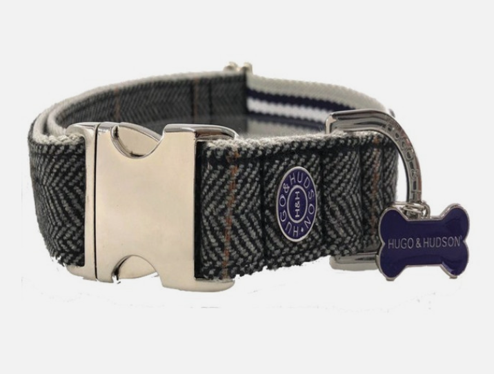 Hugo & Hudson Grey Checked Tweed Dog Collar - Extra Small