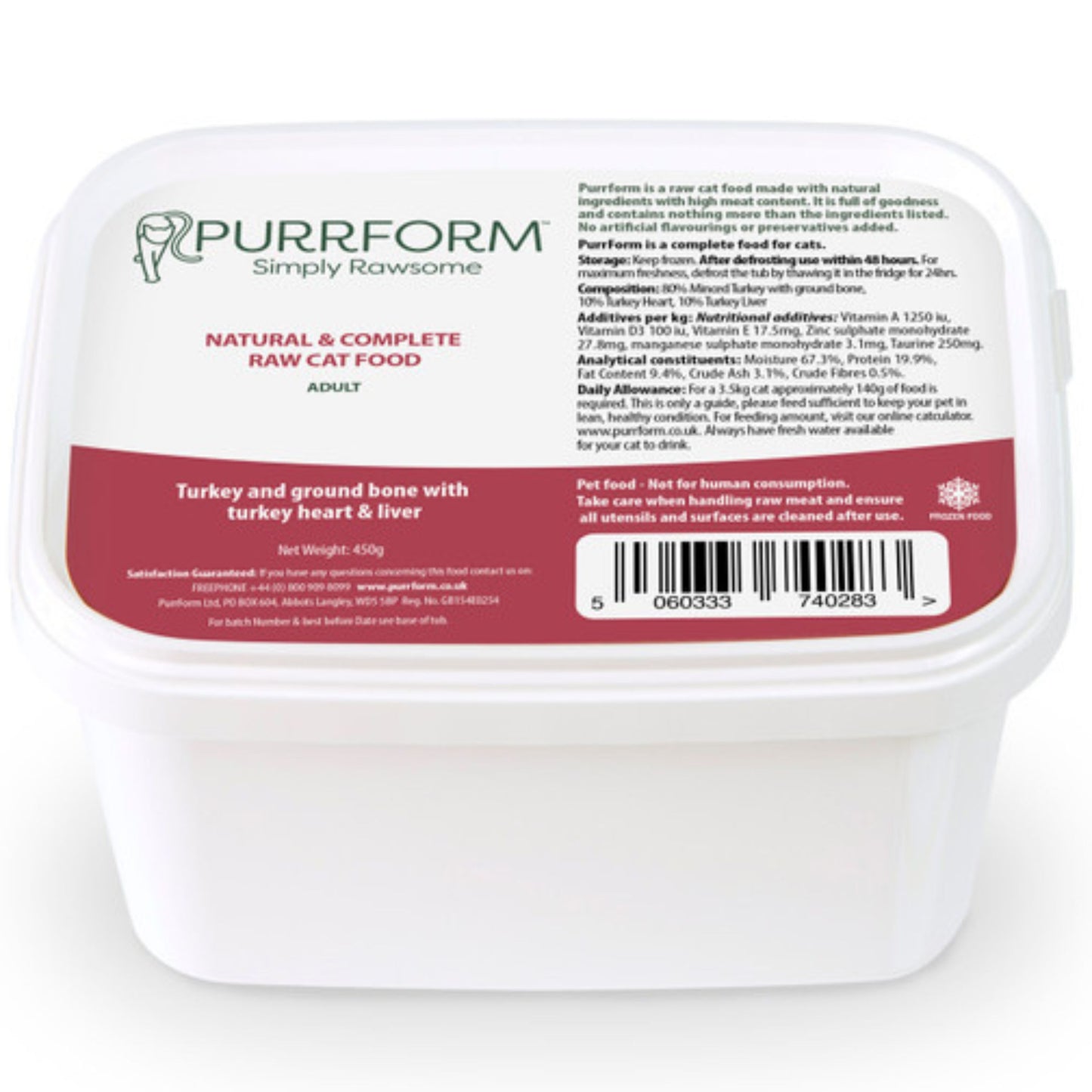 Purrform Turkey & Ground Bone with Turkey Heart & Liver (Adult) 450g