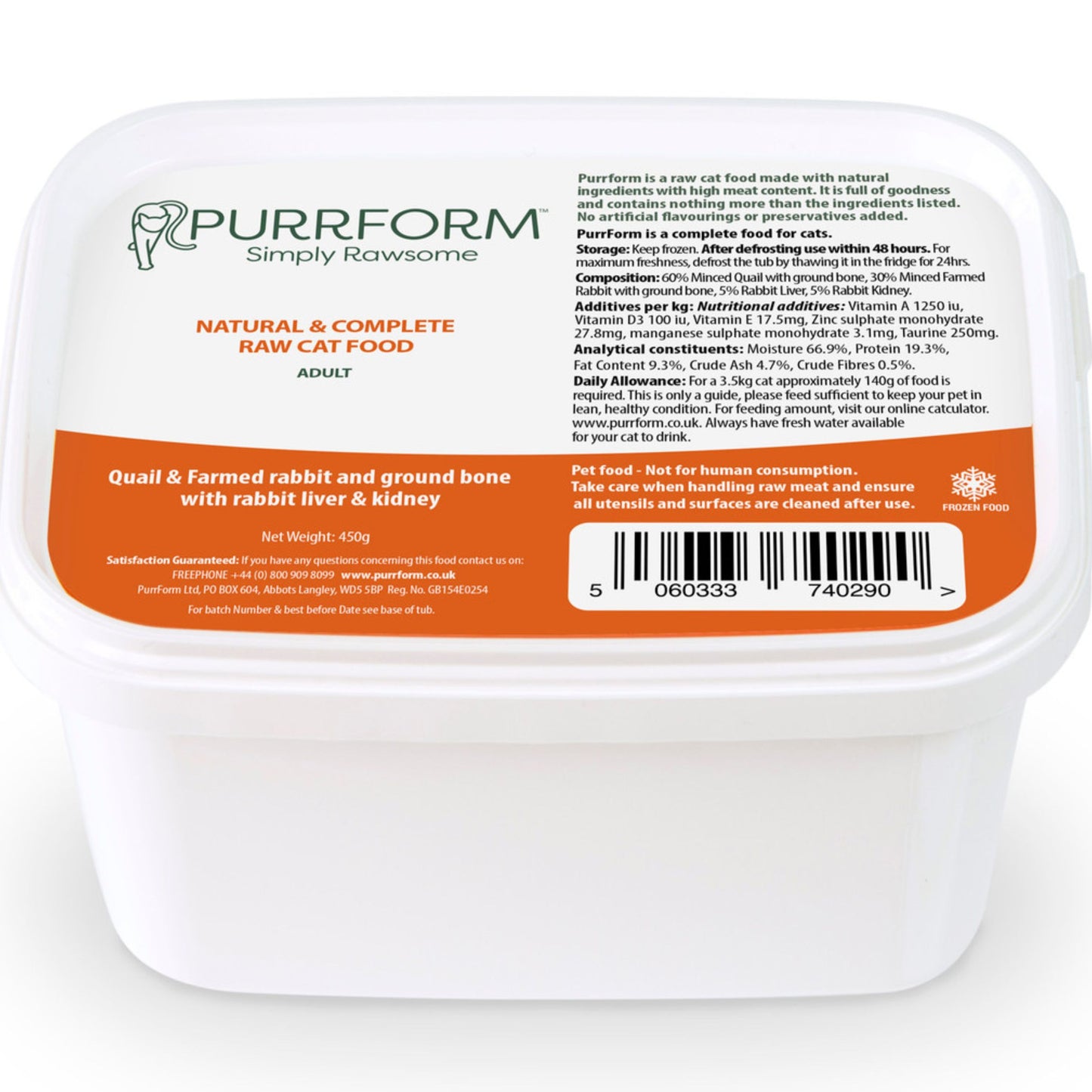 Purrform Quail & Farmed Rabbit & Ground Bone with Rabbit Liver & Kidney (Adult) 450g