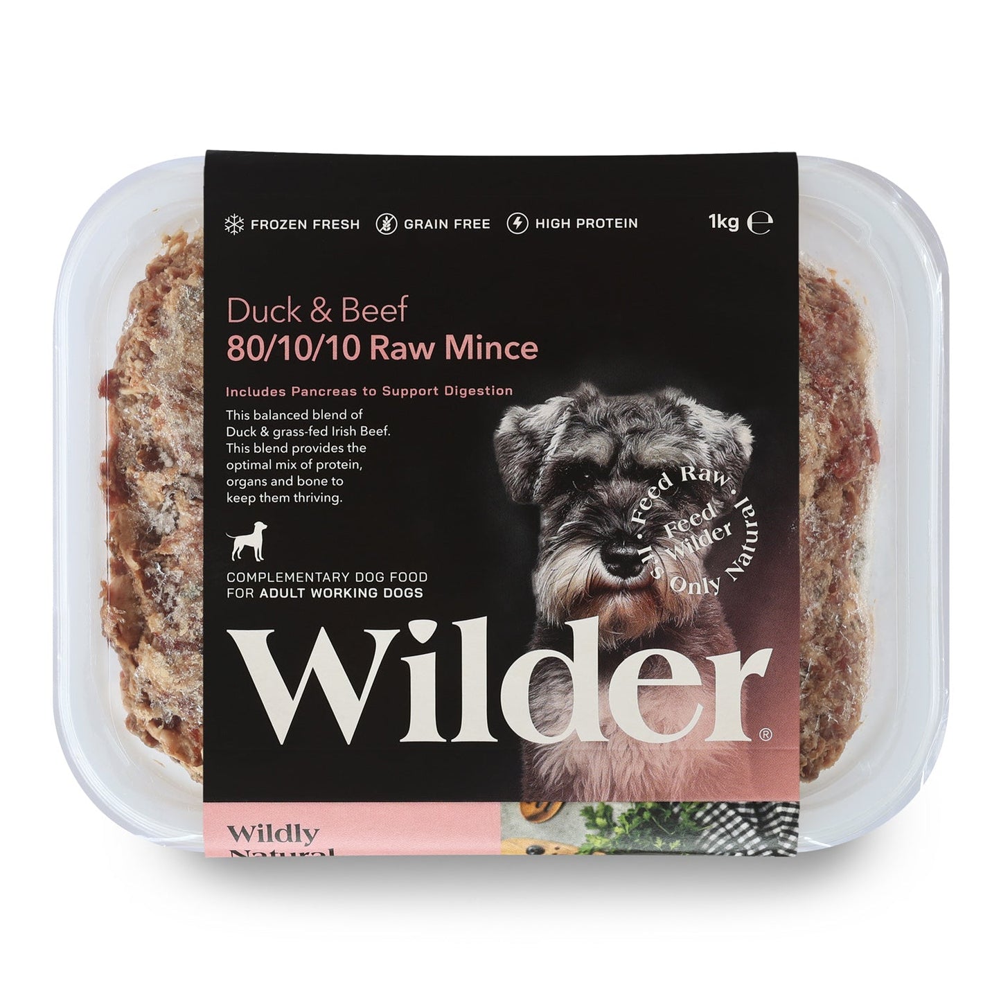 Wilder raw dog food package with duck and beef on a white background