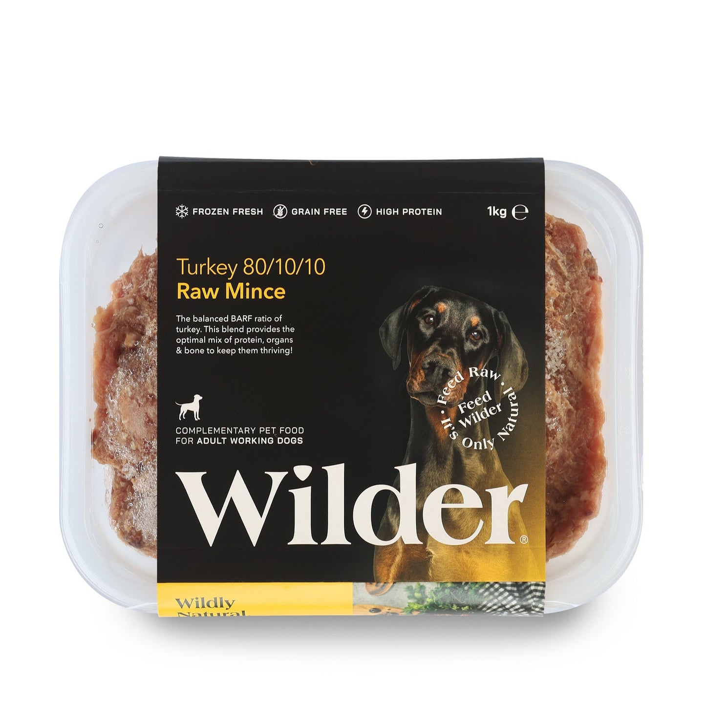 Wilder raw pet food package for adult working dogs on a white background