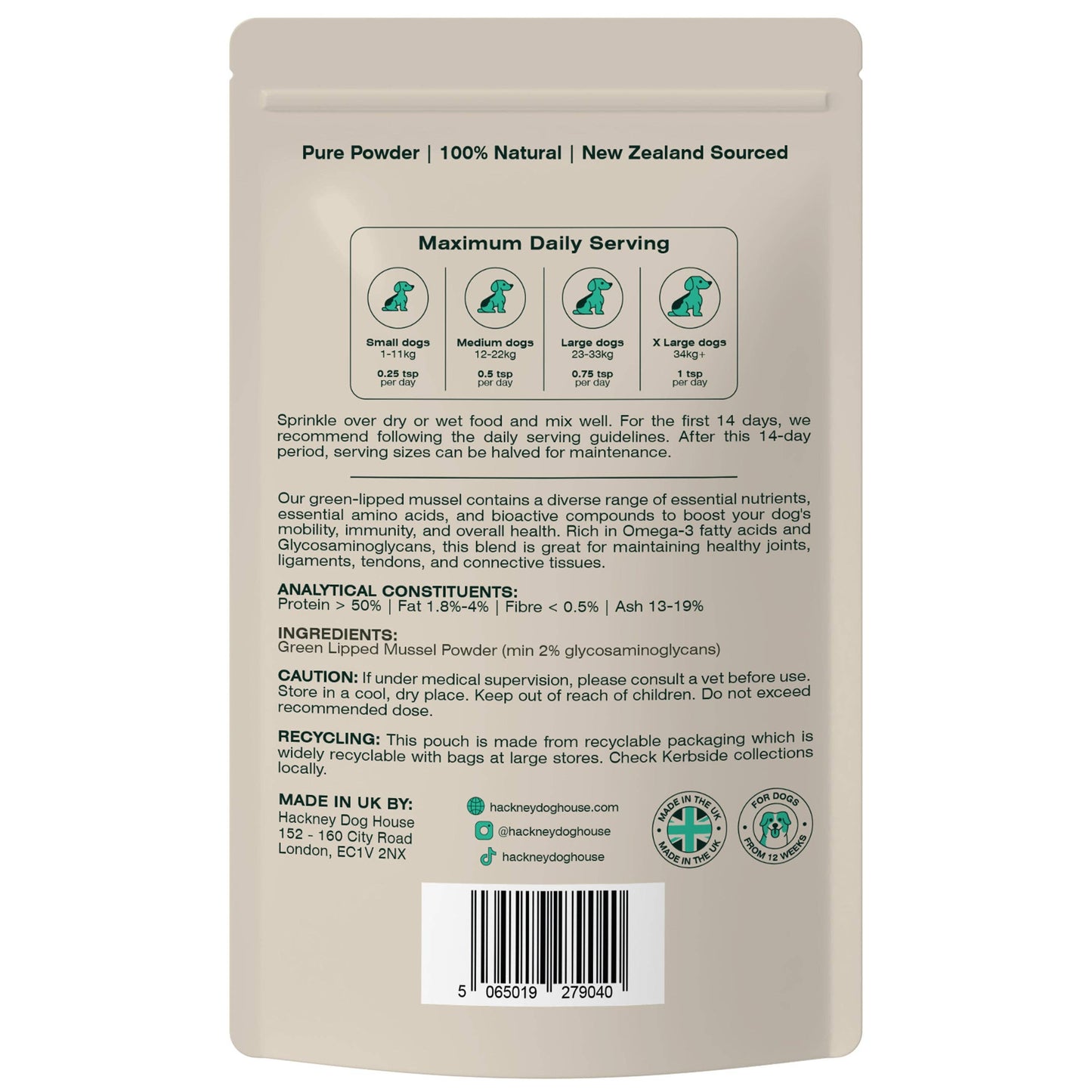 Hackney Dog House Green Lipped Mussel Powder for Dogs - 80 Servings