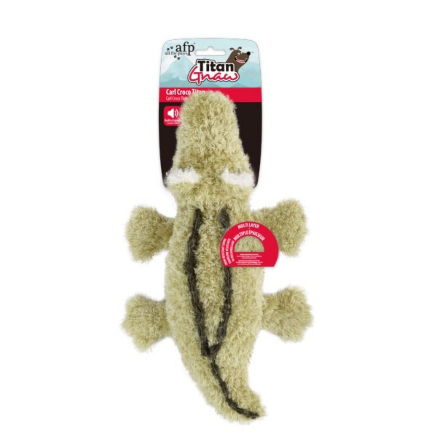 Dog toy resembling a crocodile with packaging on a white background