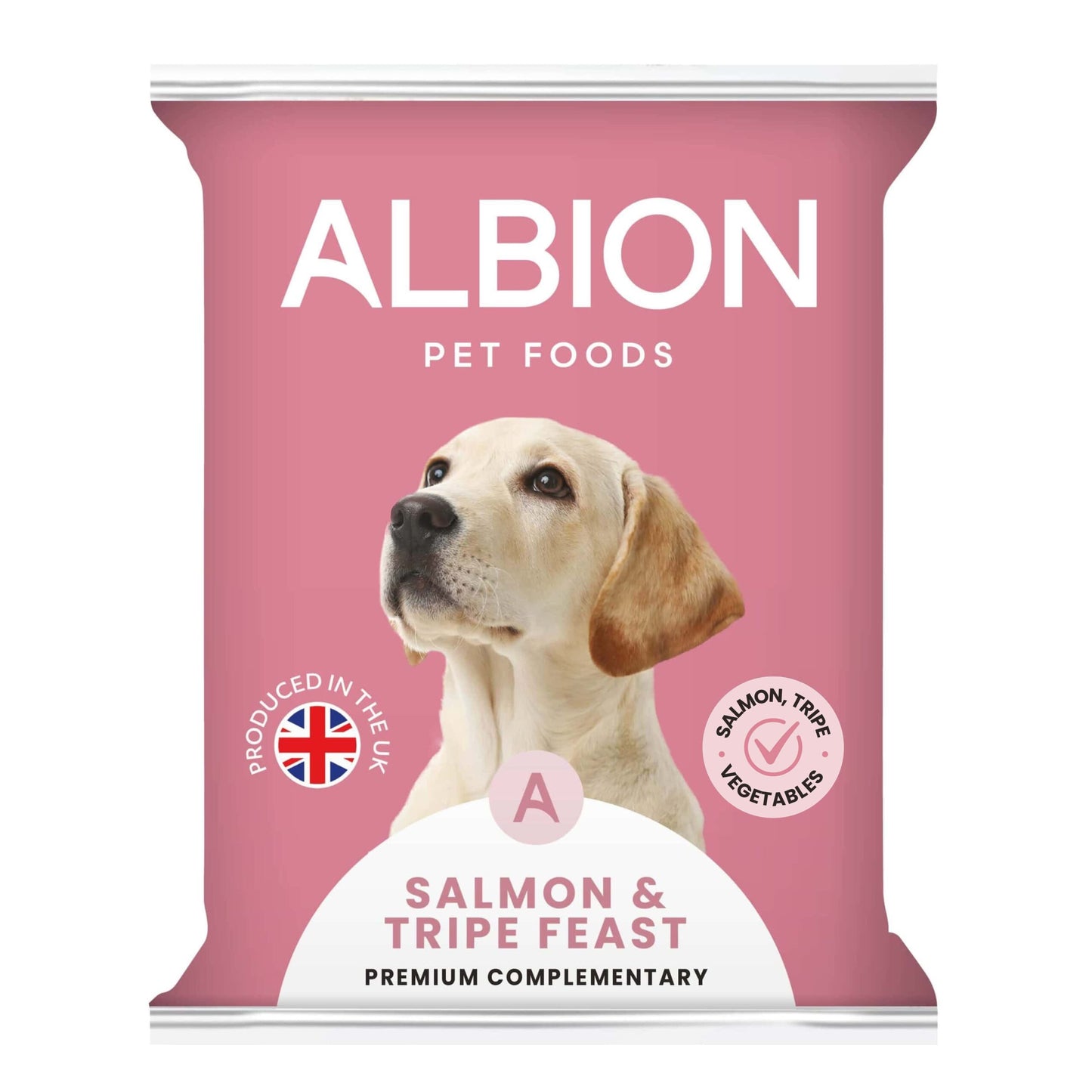 Albion Pet Foods salmon and tripe feast dog food packaging on a pink background