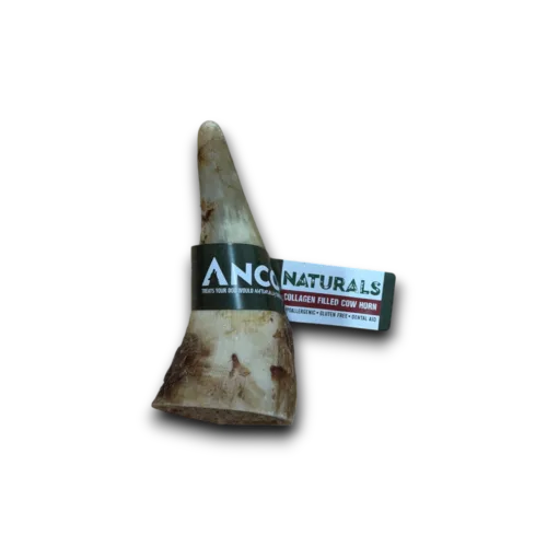 Dog collagen cow horn with Ancol Naturals label on a white background