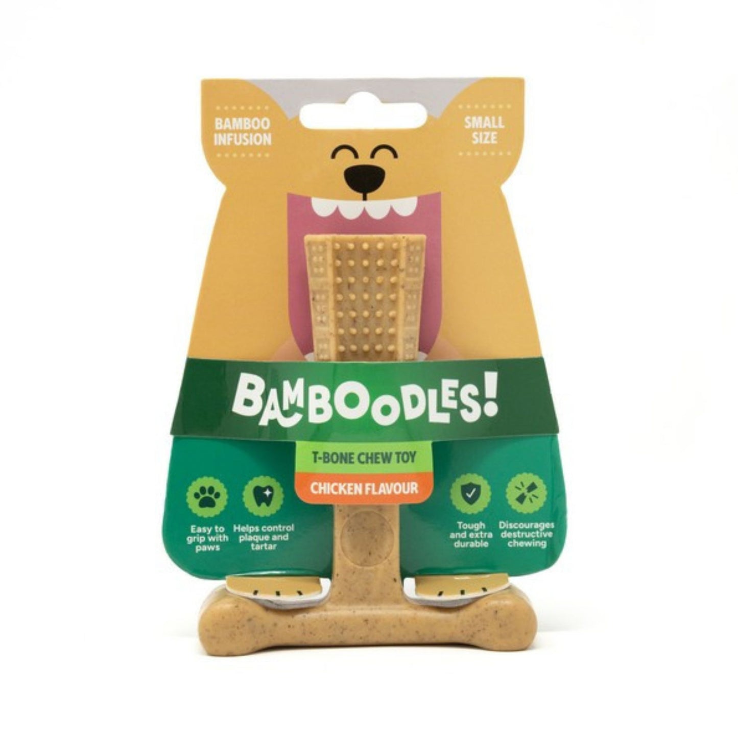 Bamboo Infusion Bamboodles T-Bone Chew Toy in Chicken Flavour, packaged in a dog-shaped cardboard sleeve on a white background.