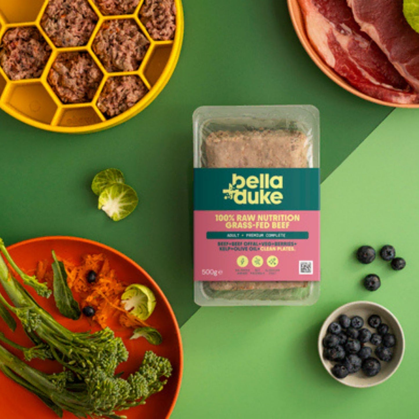 Bella+Duke raw food package with ingredients on a green background