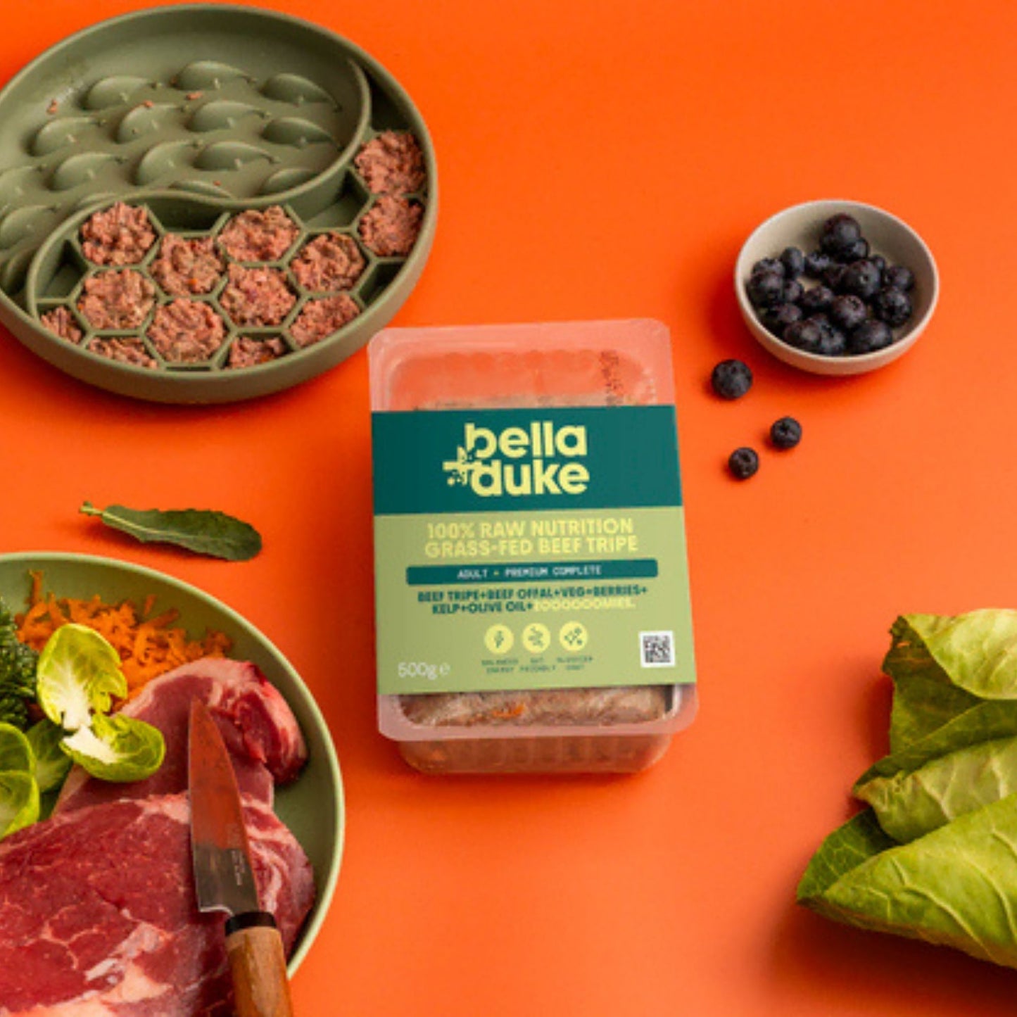 Bella+Duke pet food packaging on an orange background with raw meat and vegetables.