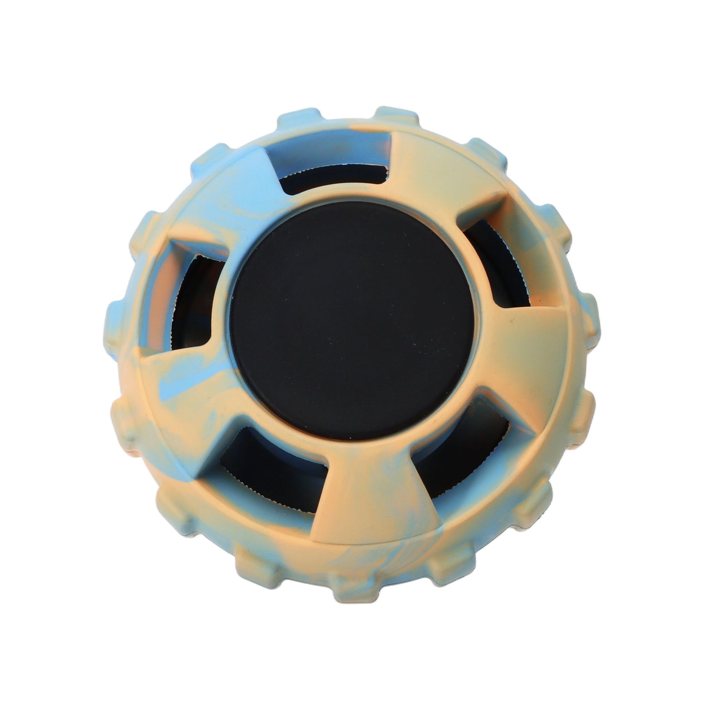 Rubber treat ball in blue and orange on white background