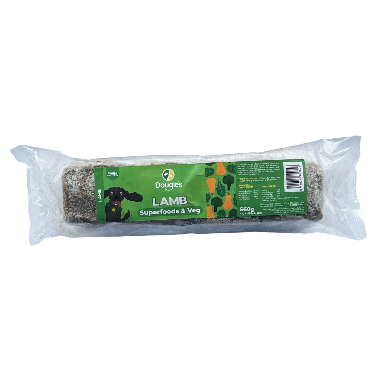 Packaged dog food with a green label on a white background