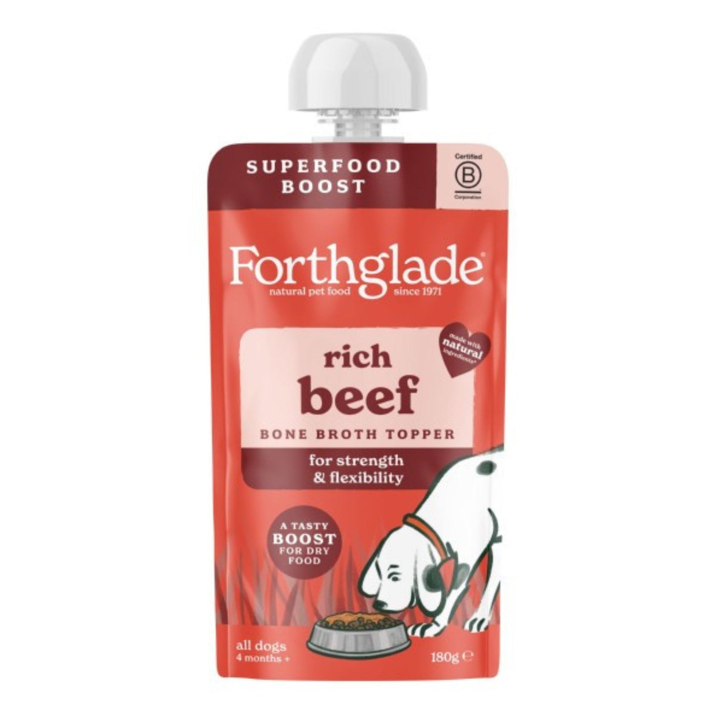 Forthglade rich beef bone broth topper packaging on a white background