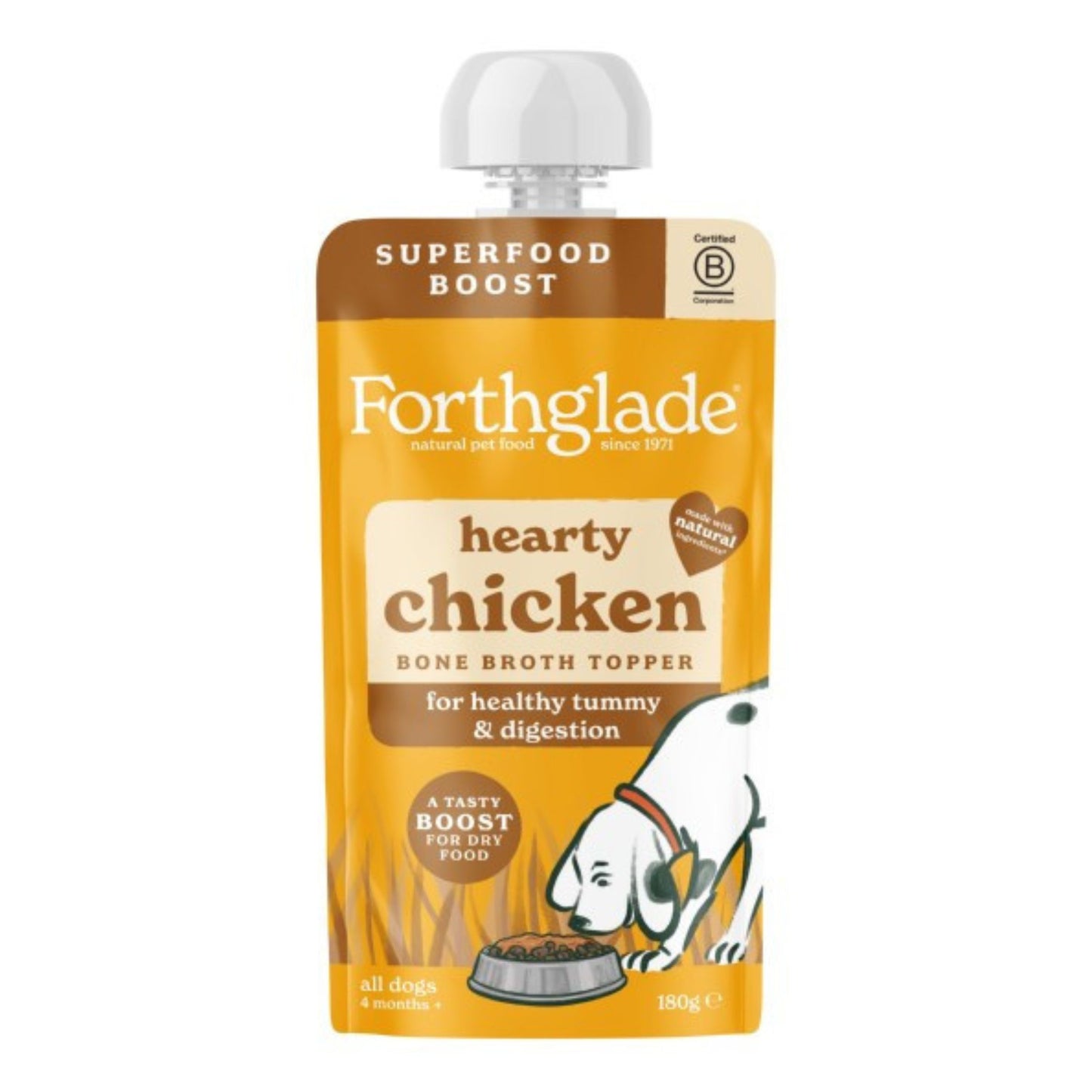A single Forthglade Hearty Chicken Bone Broth Topper pouch for dogs, featuring a bright orange and brown design with a white cap, shown on a plain white background.
