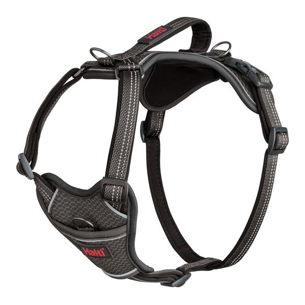 Black dog harness with brand logo on a white background