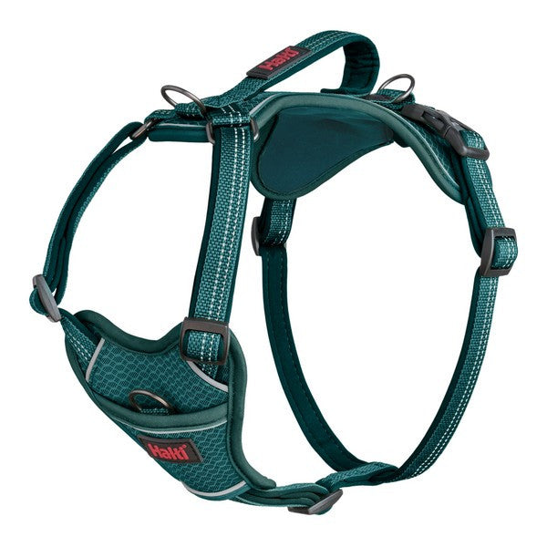 Green dog harness with brand logo on a white background