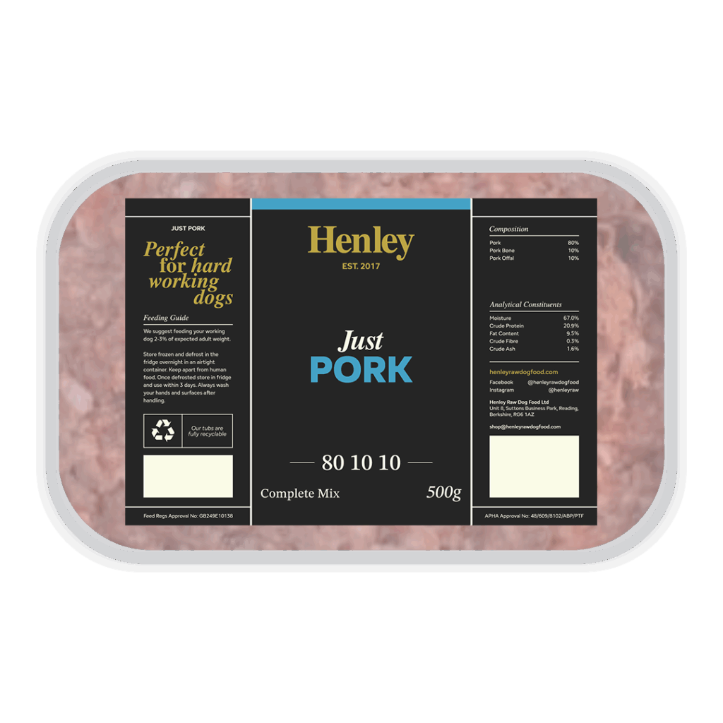 Packaged pork meat with Henley label on a white background