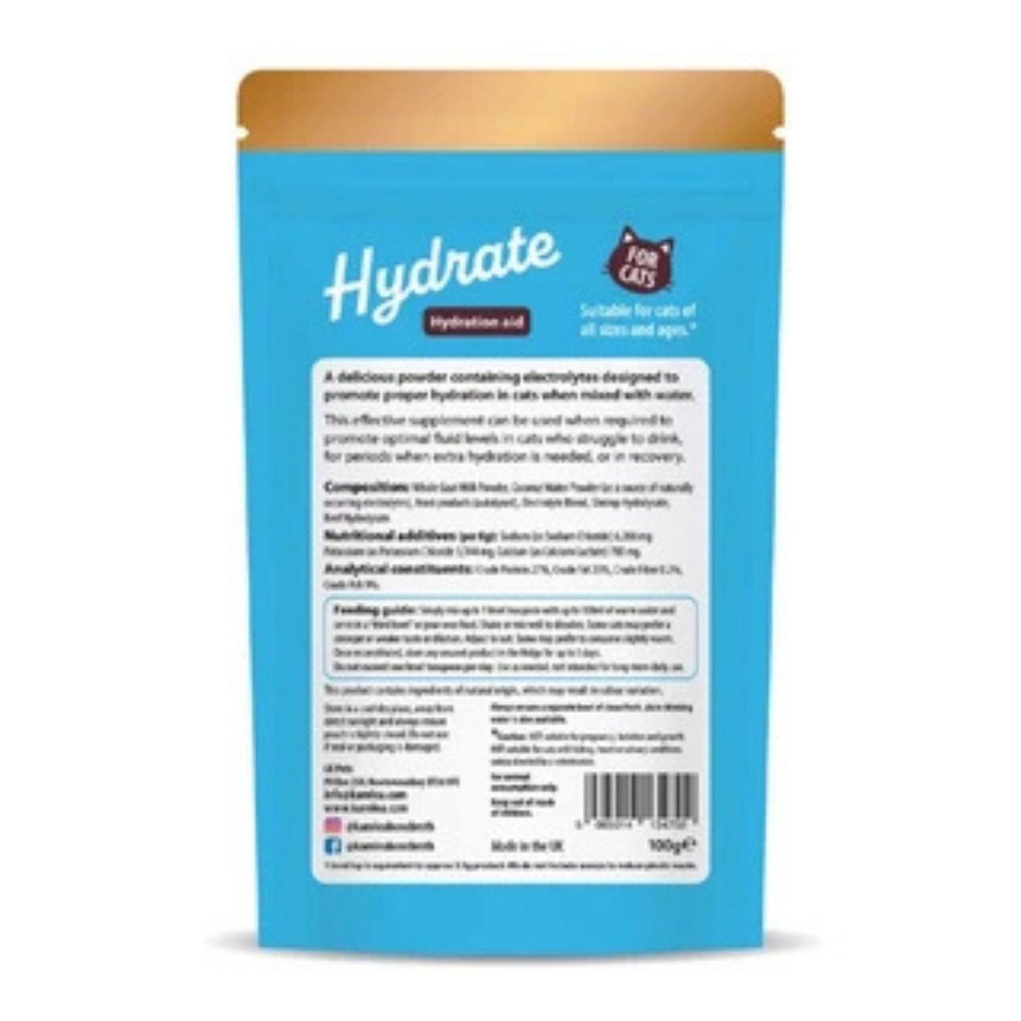 Blue package of 'Hydrate' for cats with gold top on a white background
