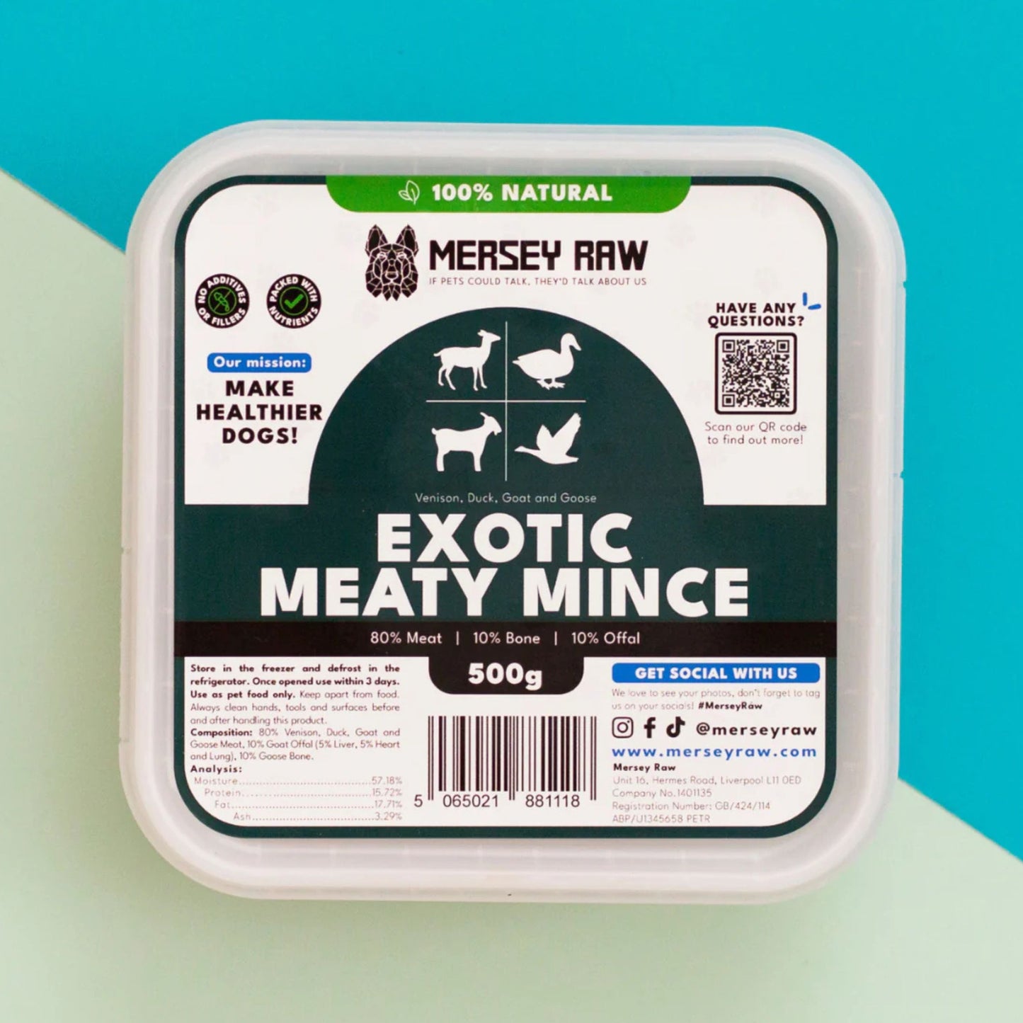 Mersey Raw Exotic Meaty Mince dog food in a 500g white plastic tub with a dark green and white label, set against a split teal and mint background.
