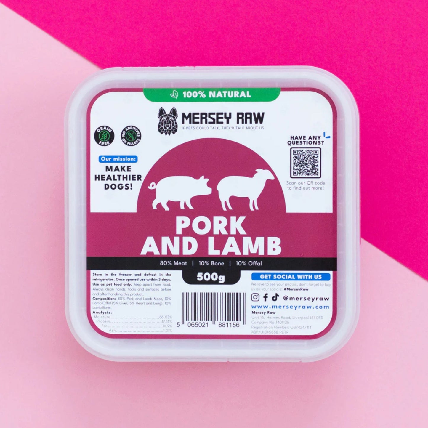 Mersey Raw Pork and Lamb dog food in a square white plastic tub, shown from above against a pink and light pink background.