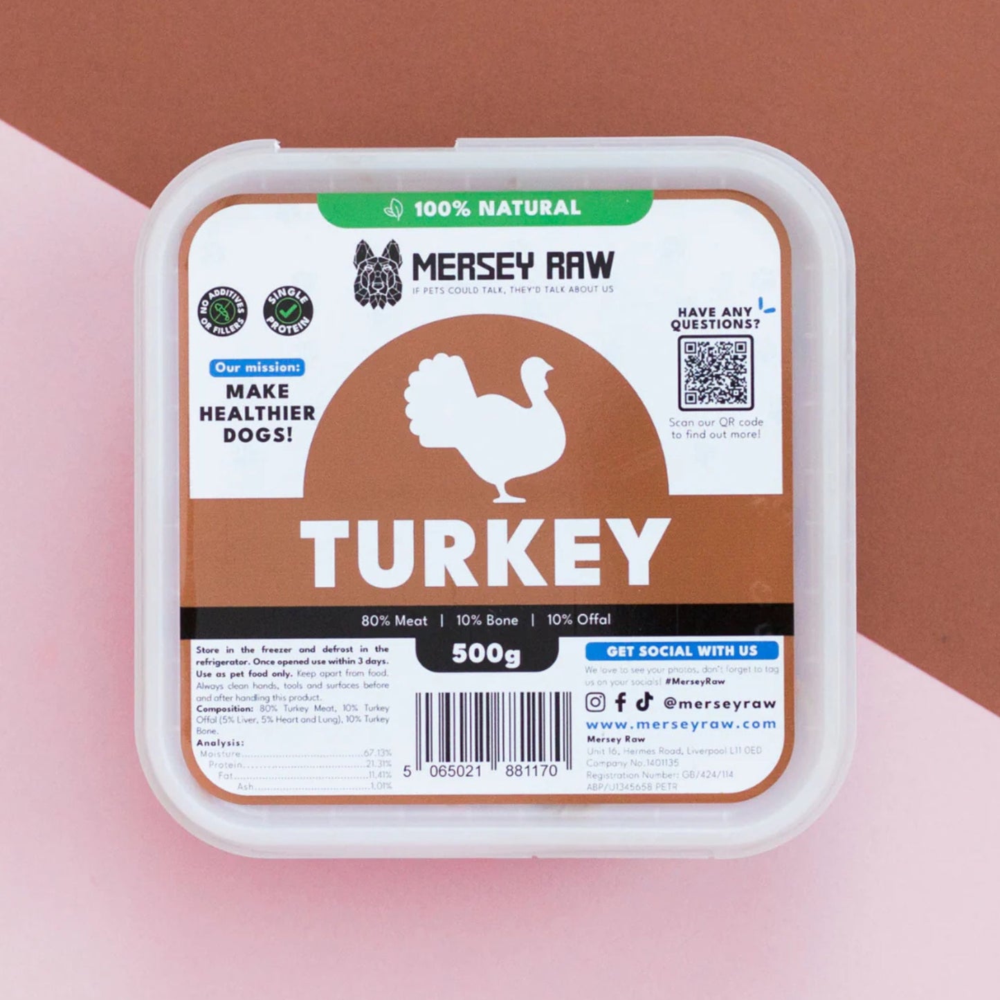Mersey Raw Turkey dog food in a square white plastic tub with a clear lid, featuring a brown and white label with a turkey silhouette and product details.