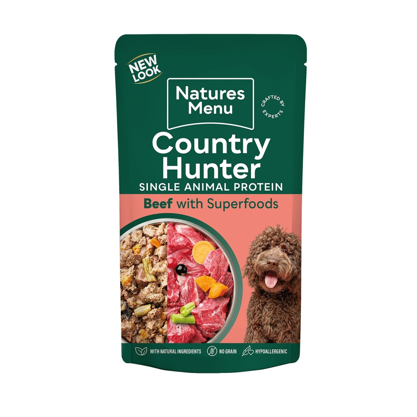 Natures Menu Country Hunter dog food package with beef and superfoods on a white background