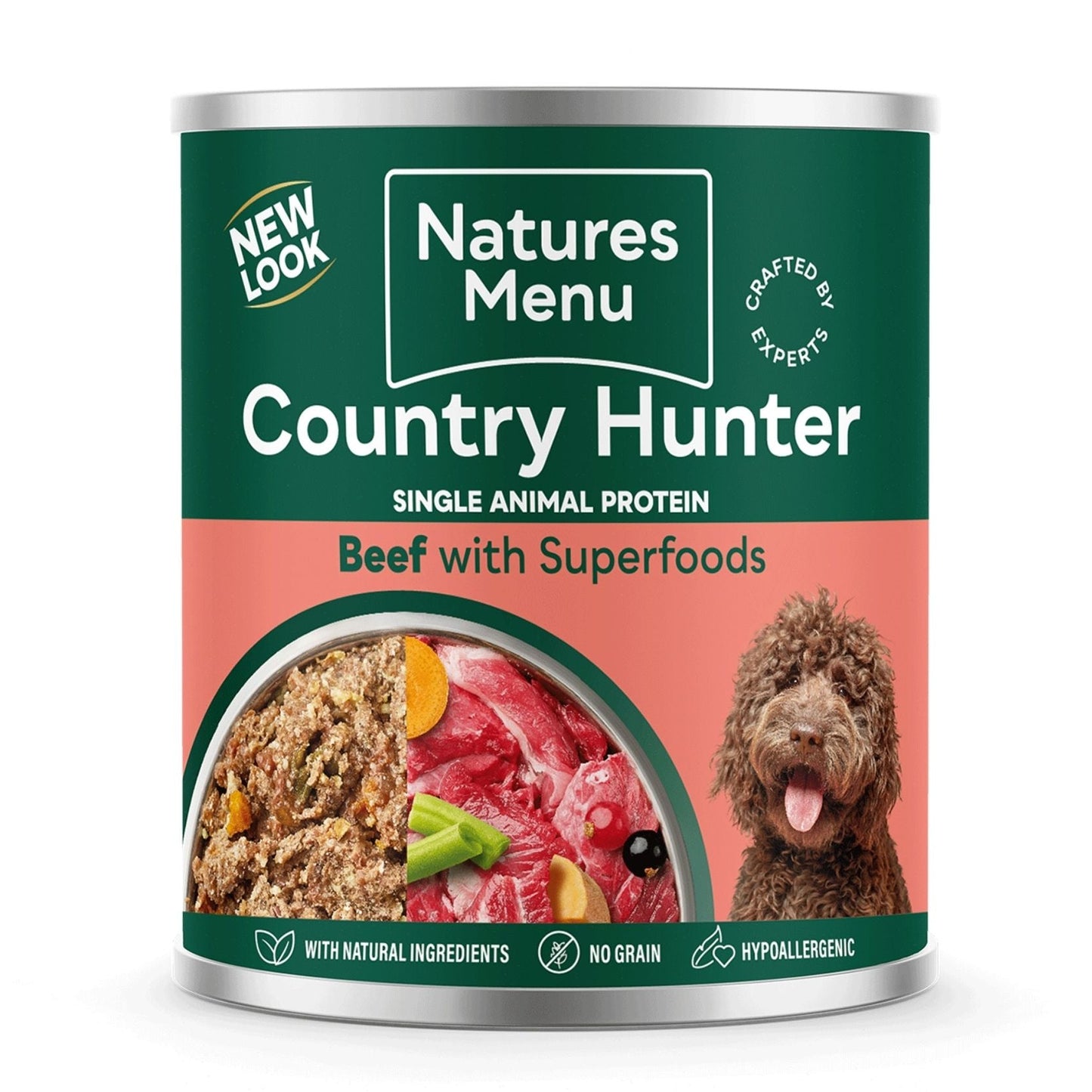 Can of Natures Menu Country Hunter Beef with Superfoods dog food on a white background