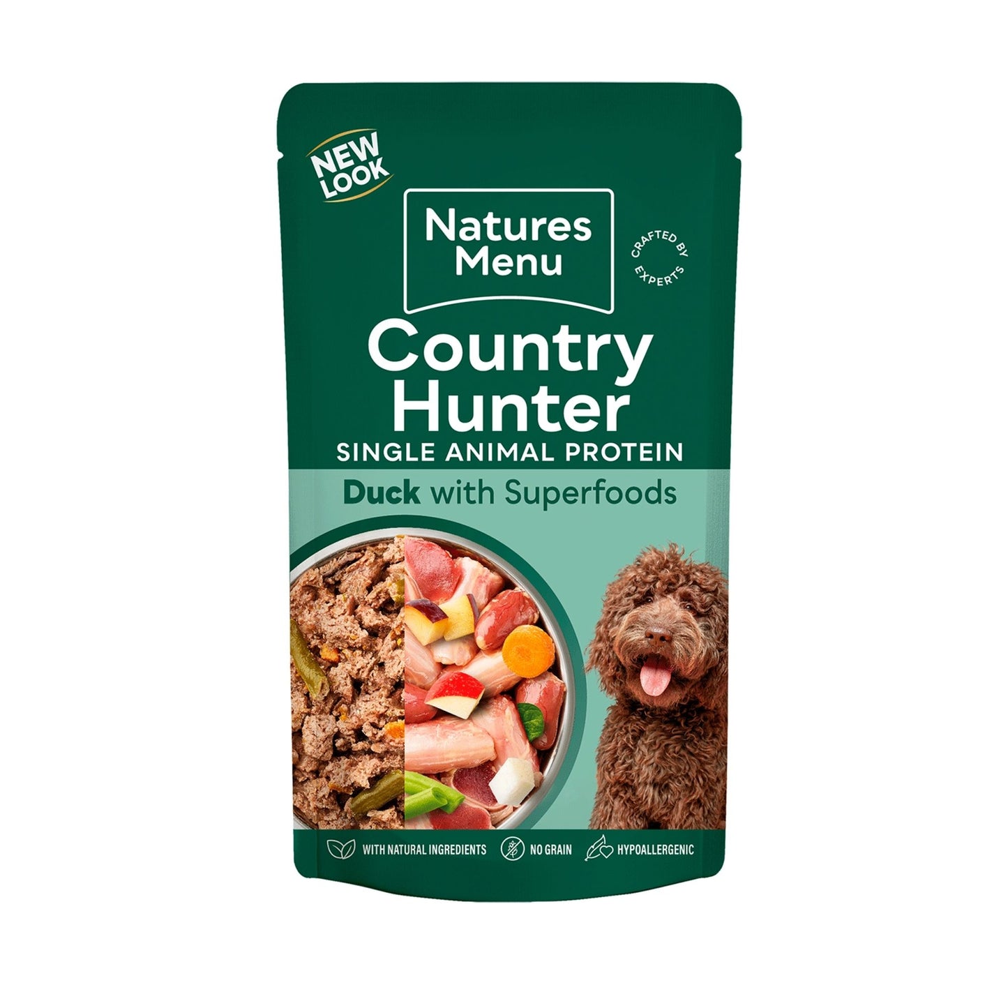 Natures Menu Country Hunter dog food package with duck and superfoods on a white background
