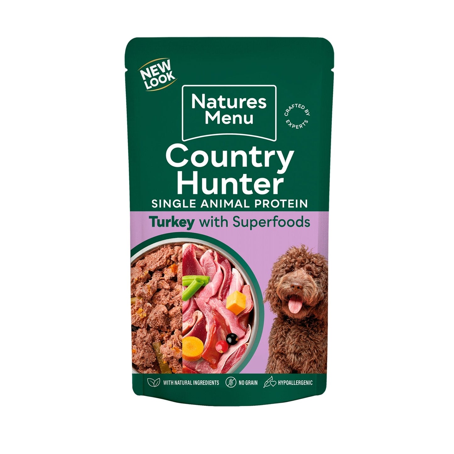 Natures Menu Country Hunter dog food package with a green and purple design on a white background