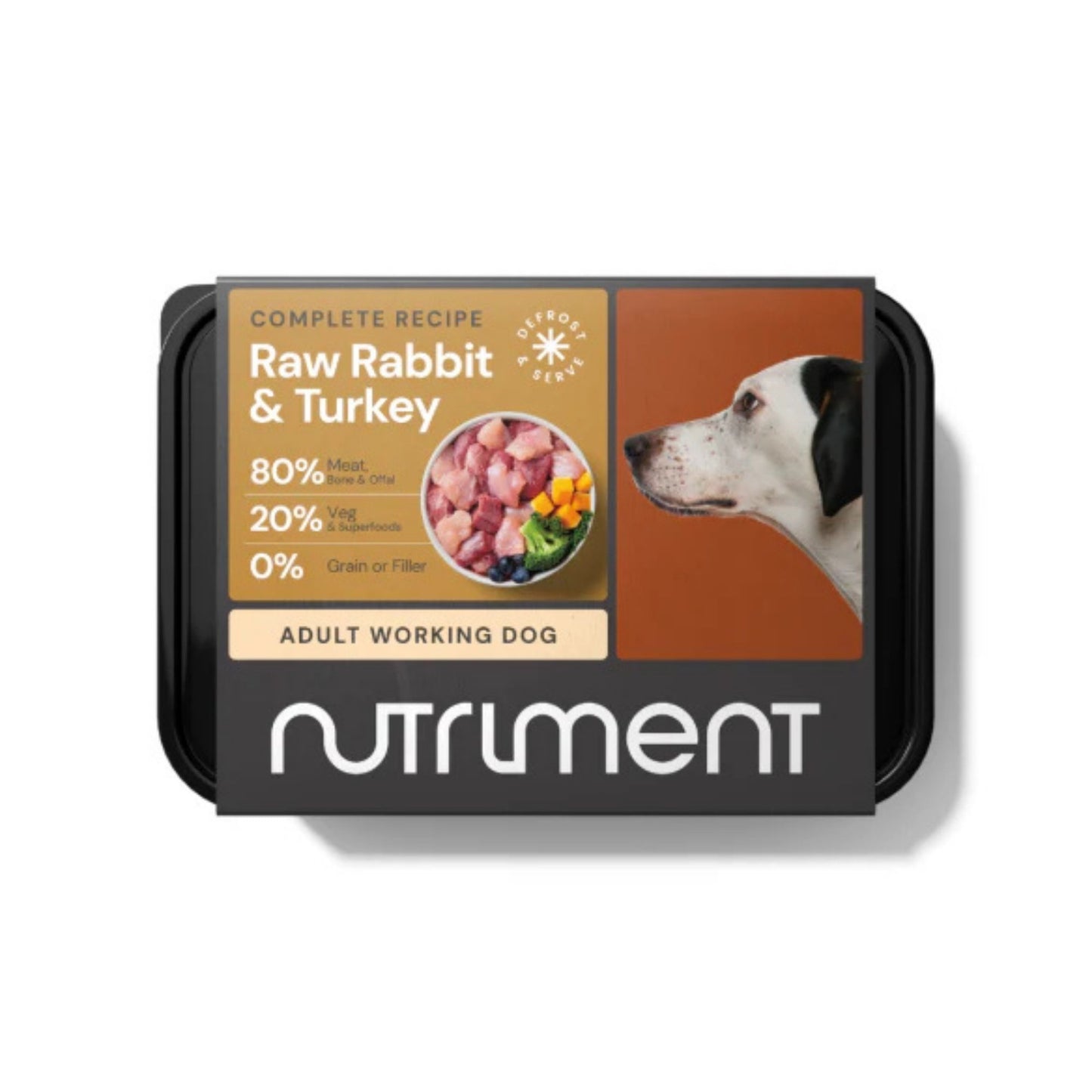 Dog food packaging with Nutriment branding on a white background