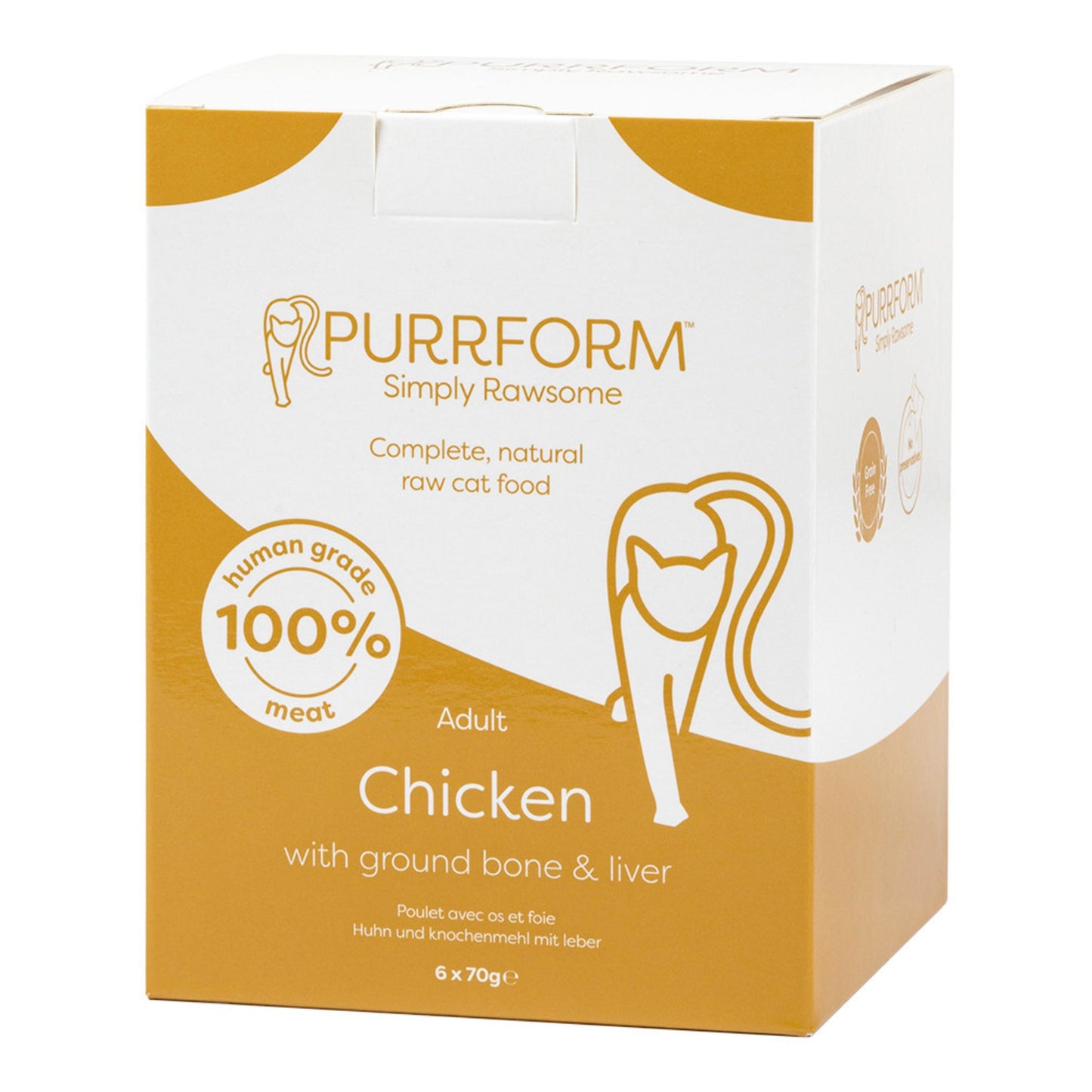 A box of PURRFORM Simply Rawsome Adult Chicken cat food, featuring a white and golden-brown color scheme with a cat silhouette graphic.