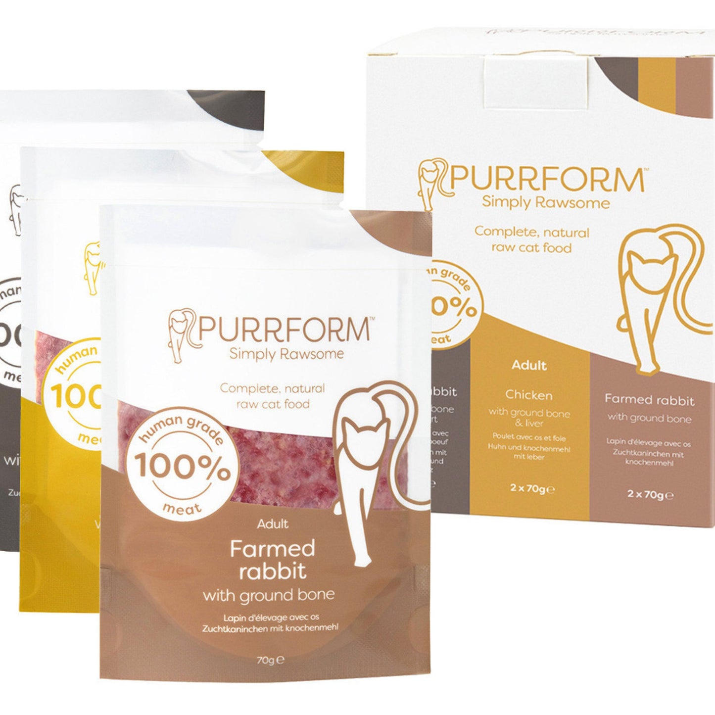 Three pouches and one box of Purrform Simply Rawsome adult farmed rabbit cat food, shown on a clean white background. The packaging features white, brown, and gold colors with illustrations of a cat and rabbit.