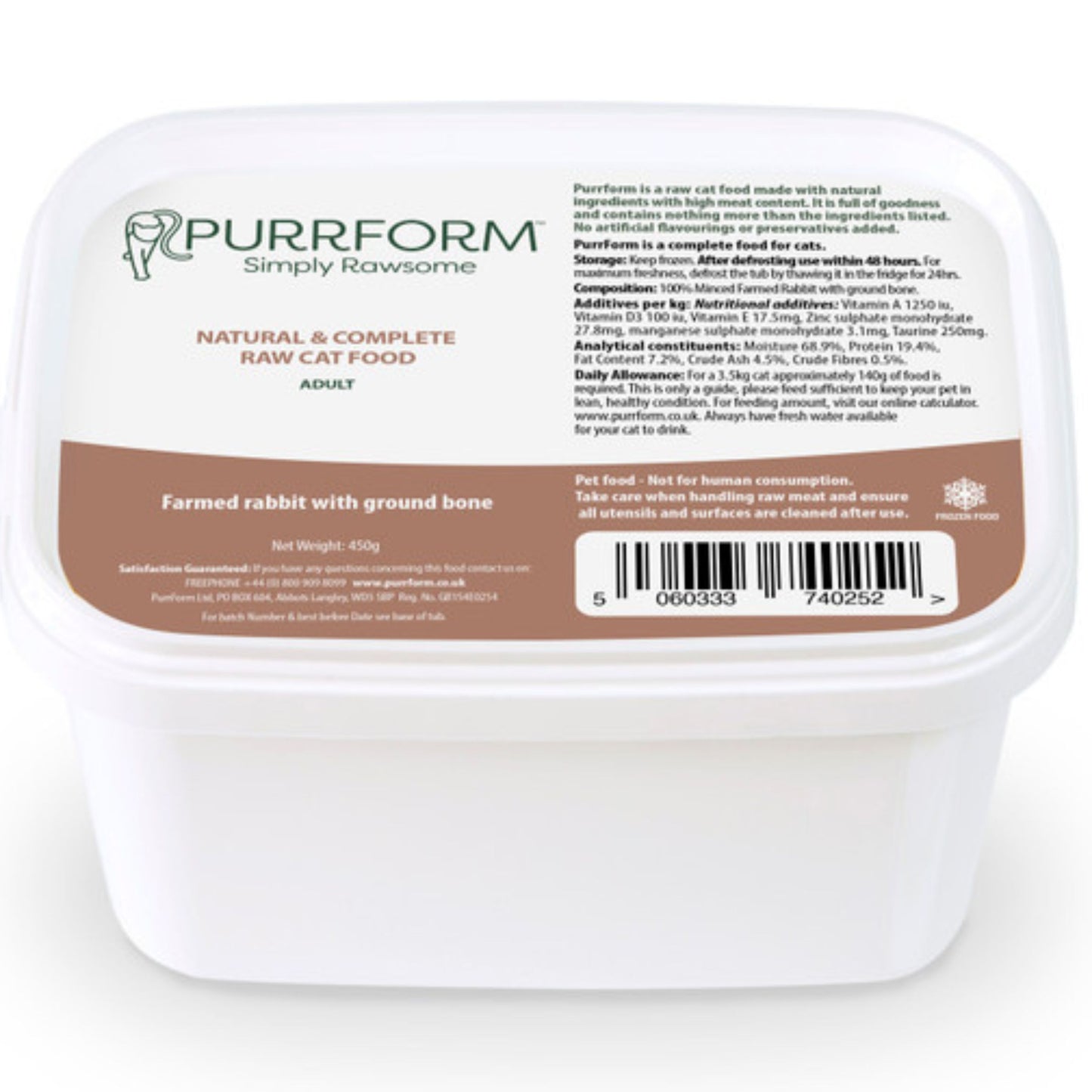 A 450g tub of Purrform Simply Rawsome Adult Raw Cat Food, featuring a white plastic container with a brown and white label.