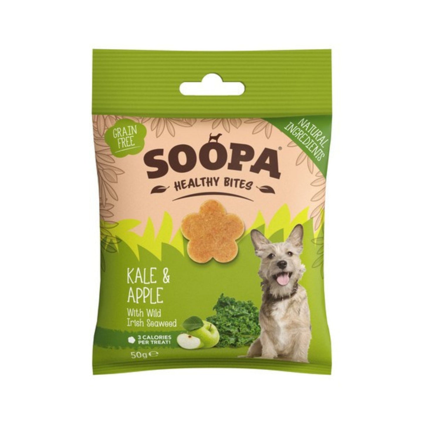 Package of Soopa Healthy Bites kale and apple dog treats on a white background