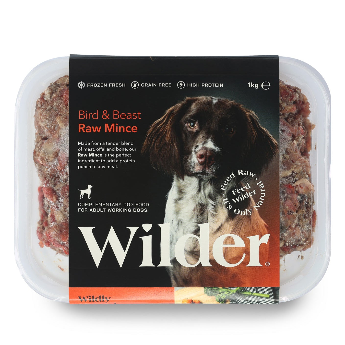 Packaged dog food with 'Wilder' branding on a white background