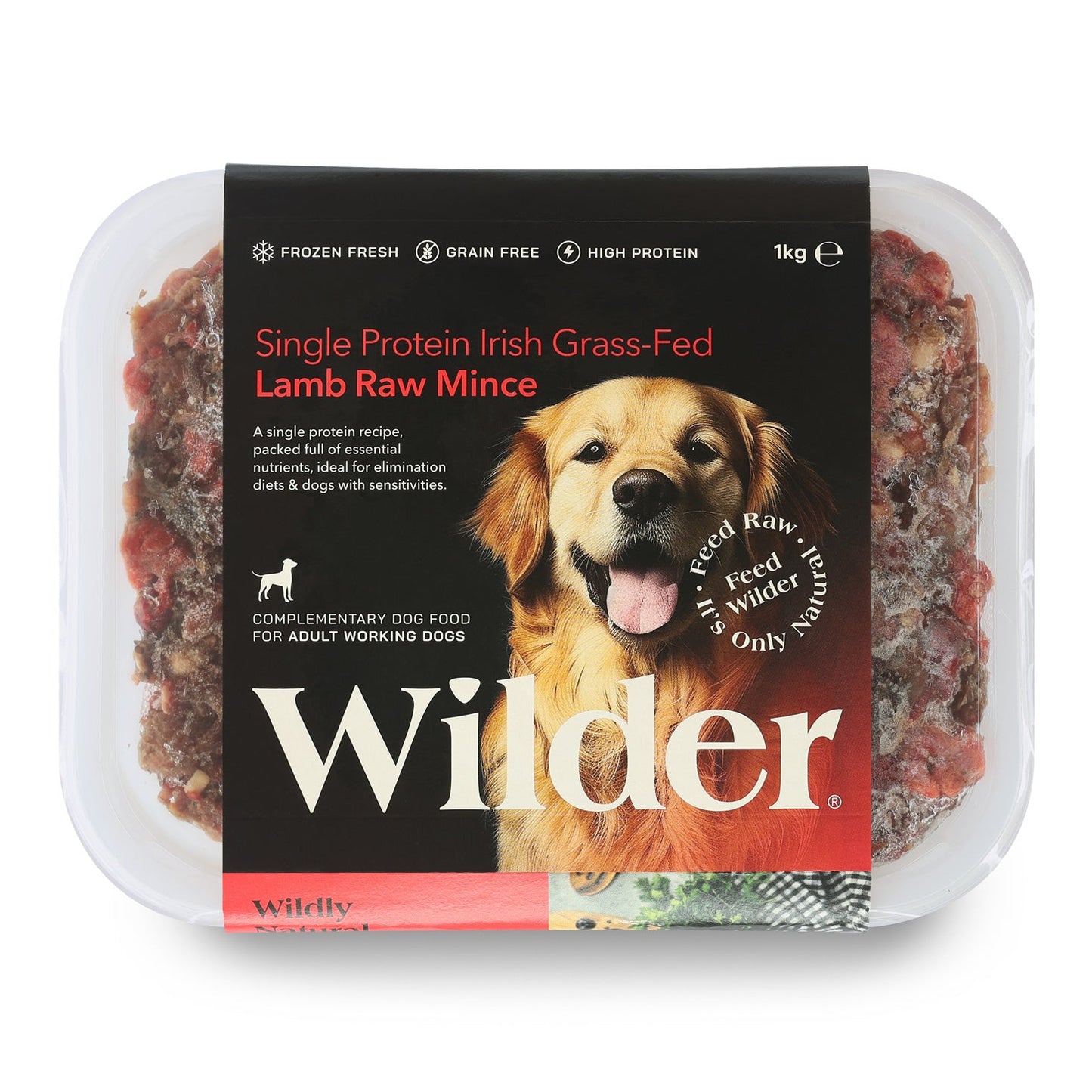 Wilder raw dog food package with a golden retriever on the label