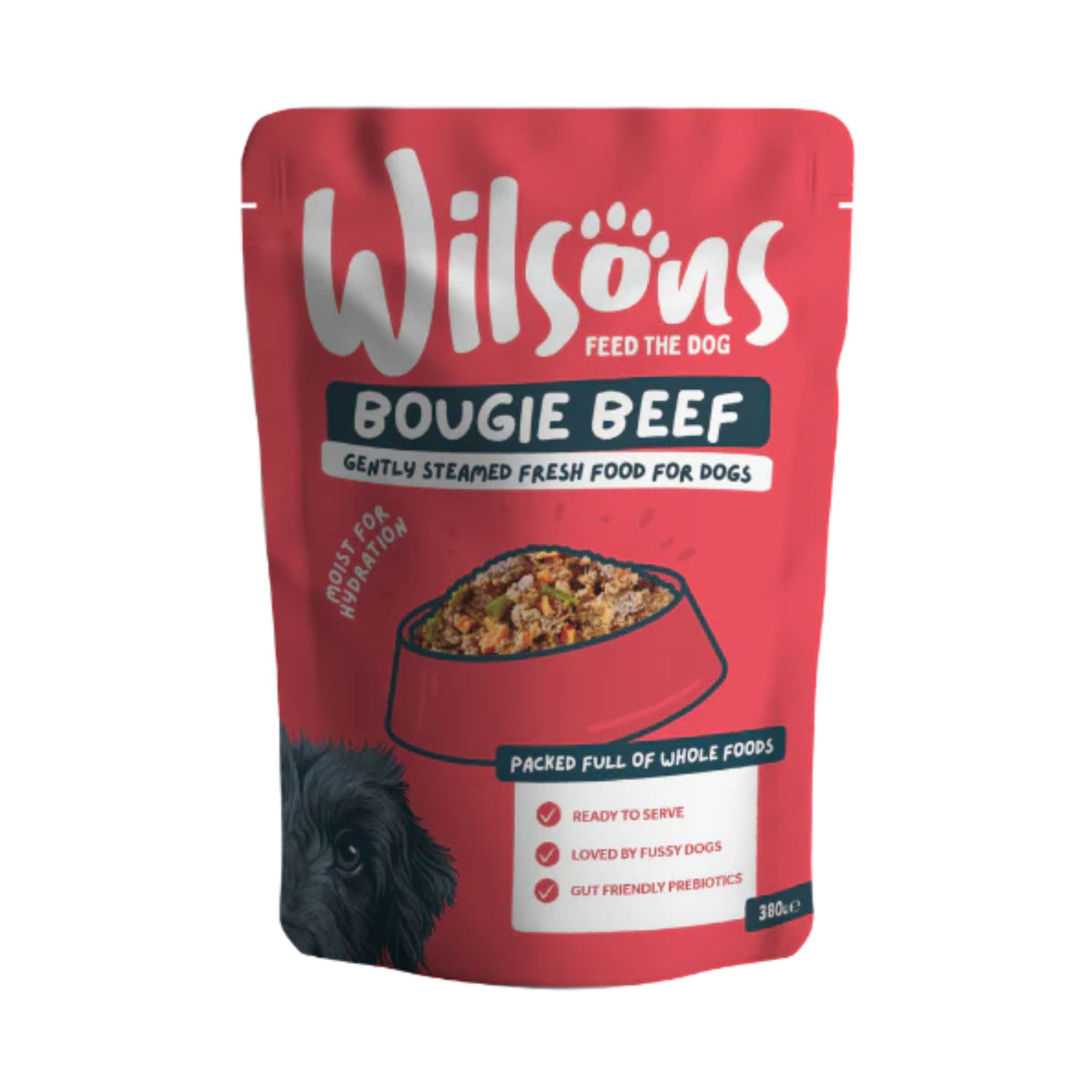 A red stand-up pouch of Wilsons Bougie Beef dog food, featuring a bowl of food, a small black dog illustration, and white and black text on a clean white background.