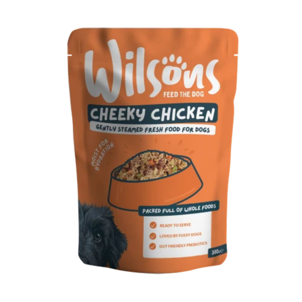 Wilson's Cheeky Chicken dog food pouch, 380g, featuring an orange stand-up pouch with white and dark blue text, a bowl of wet dog food illustration, and a black puppy graphic on a white background.